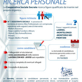 RIAPERTURA AVVISO RICERCA PERSONALE : Assistente Sociale per l’espletamento del Servizio Sociale Professionale presso l’ATS di Larino