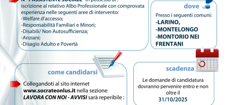 RIAPERTURA AVVISO RICERCA PERSONALE : Assistente Sociale per l’espletamento del Servizio Sociale Professionale presso l’ATS di Larino RIAPERTURA AVVISO RICERCA PERSONALE : Assistente Sociale per l’espletamento del Servizio Sociale Professionale presso l’ATS di Larino